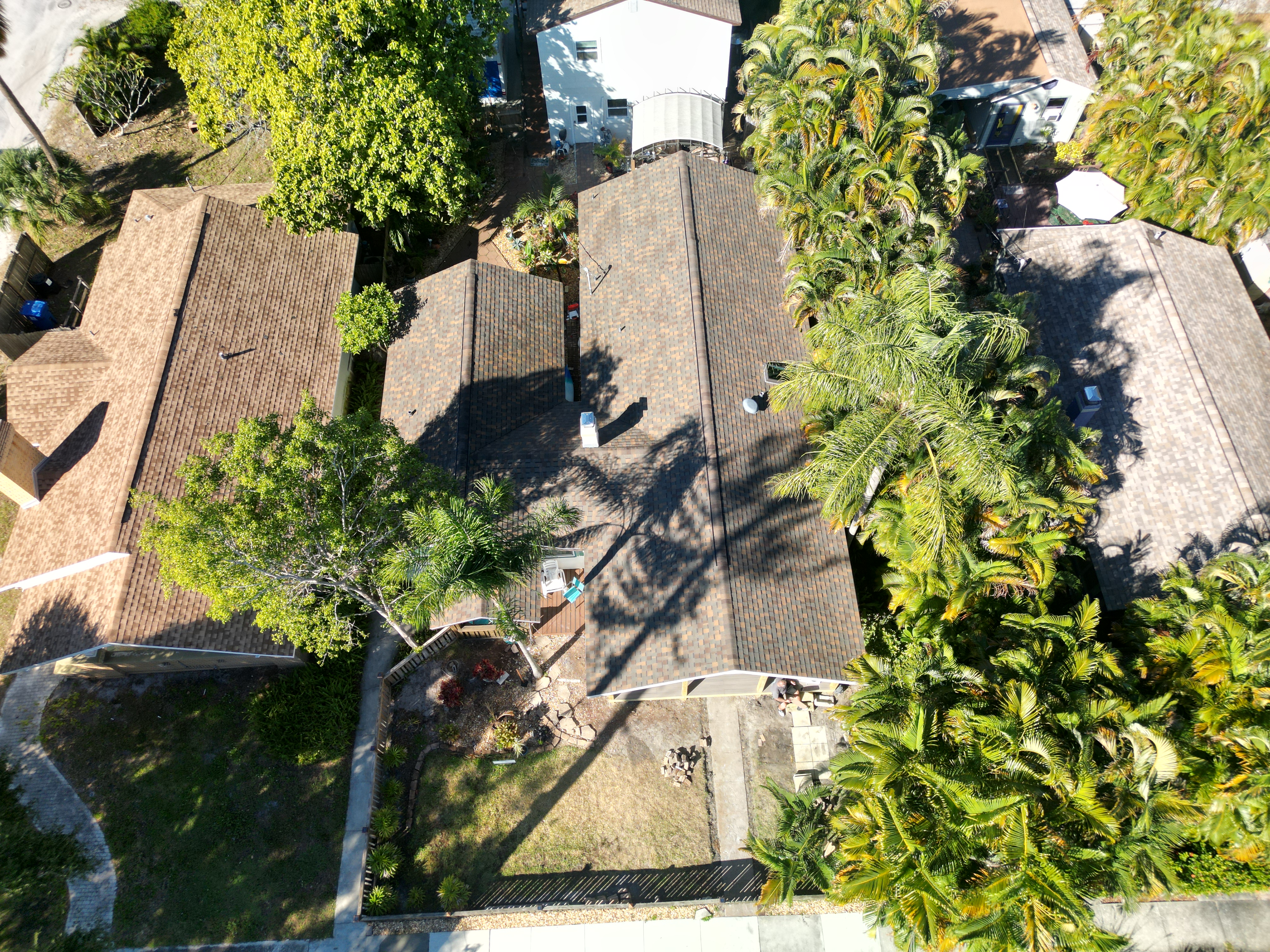 Aerial of completed brown roofs in a Pinellas County neighborhood