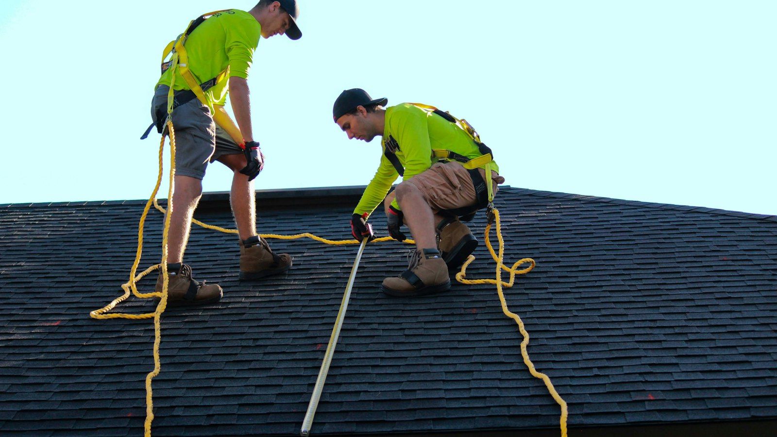 Two roofers in safety harnesses installing a new dark shingle roof