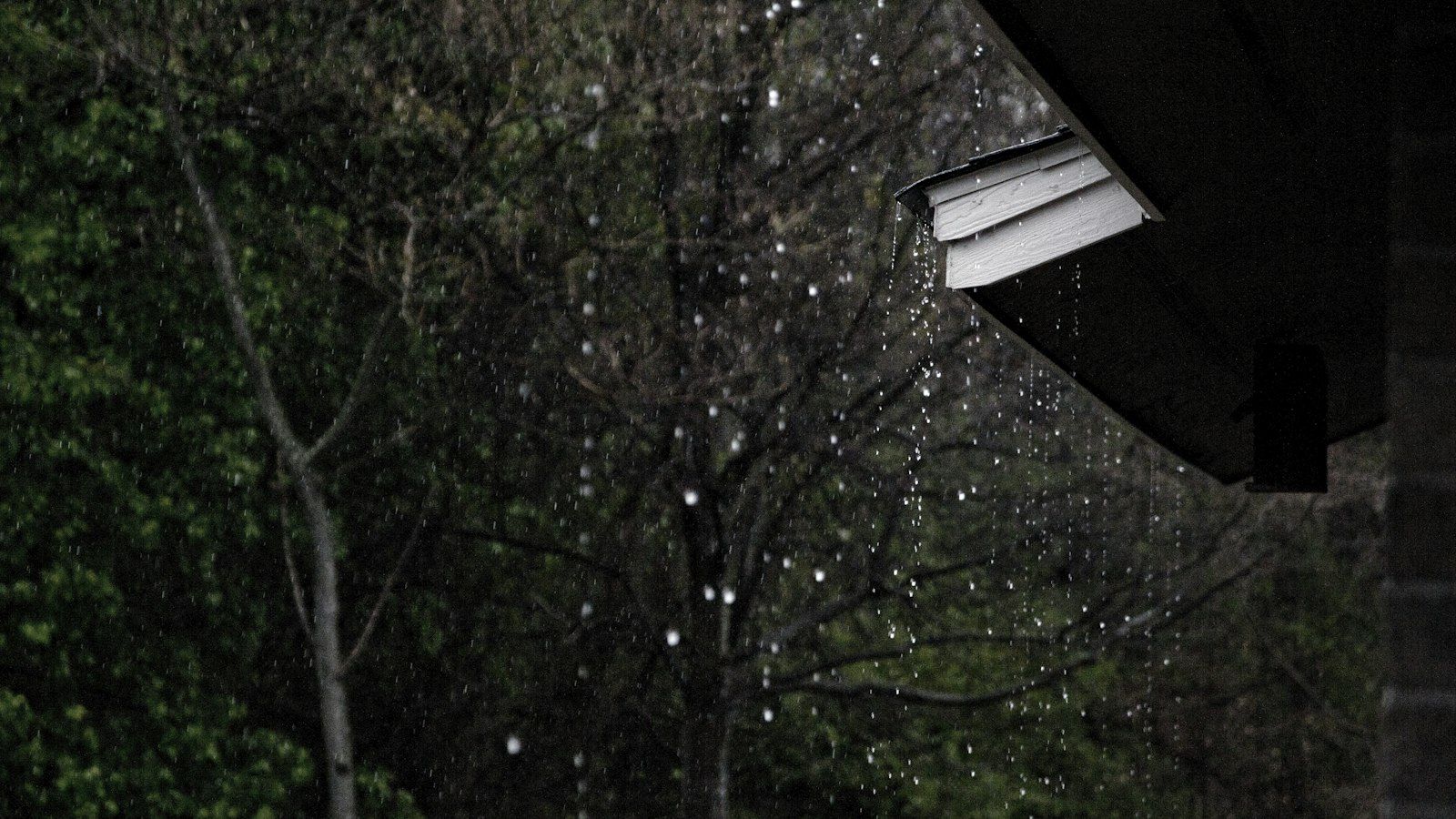 Rain falling heavily from a roof edge during a storm
