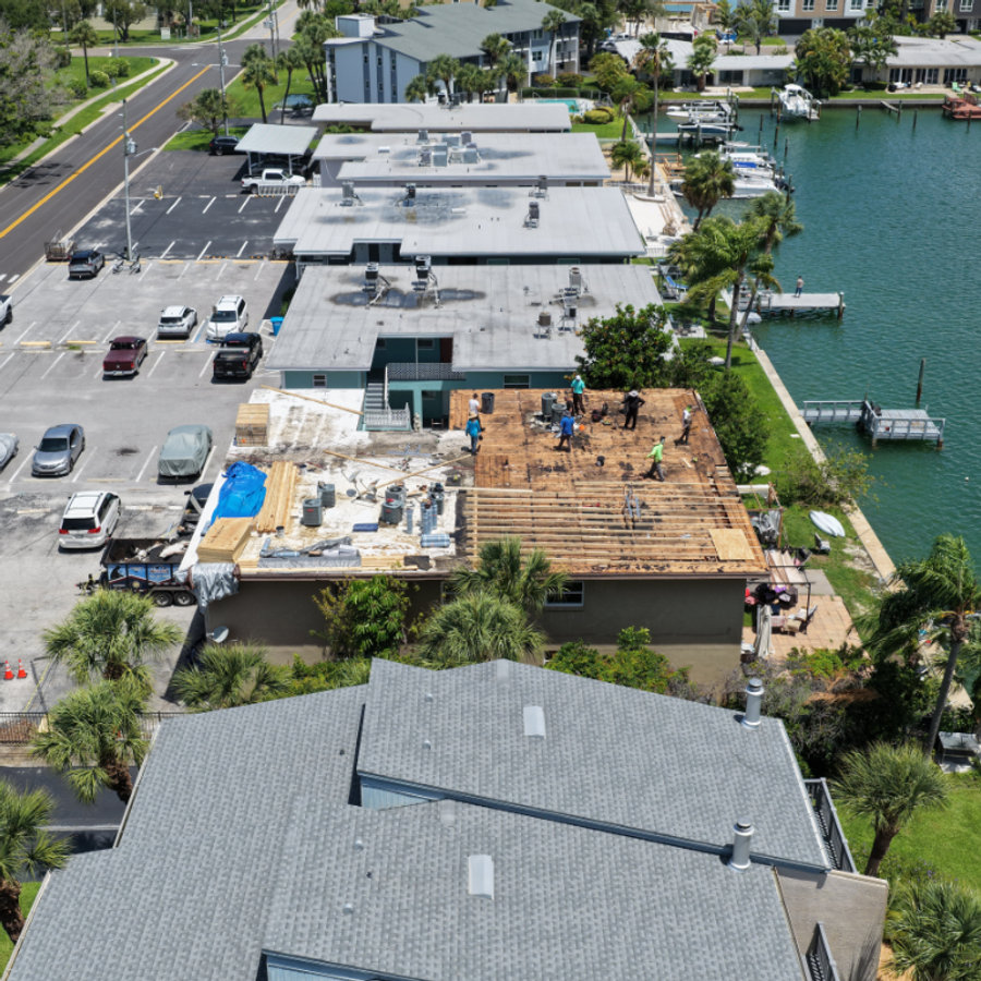 Spangler Roofing crew working on the Treasure Island flat roof replacement