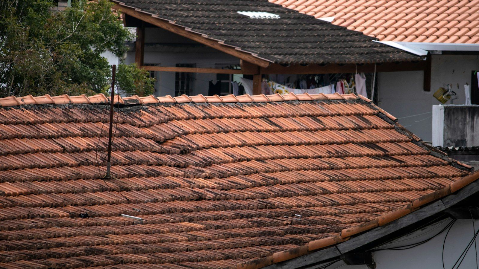 An older tile roof weathered with dark algae and mildew staining
