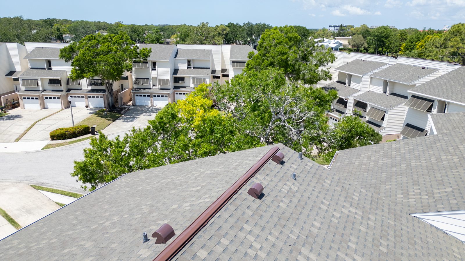 Overhead drone view of the roofing project